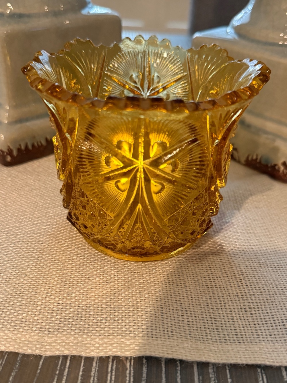 Vintage Amber Kemple warm honey , Cut Glass Vase/ Spooner,